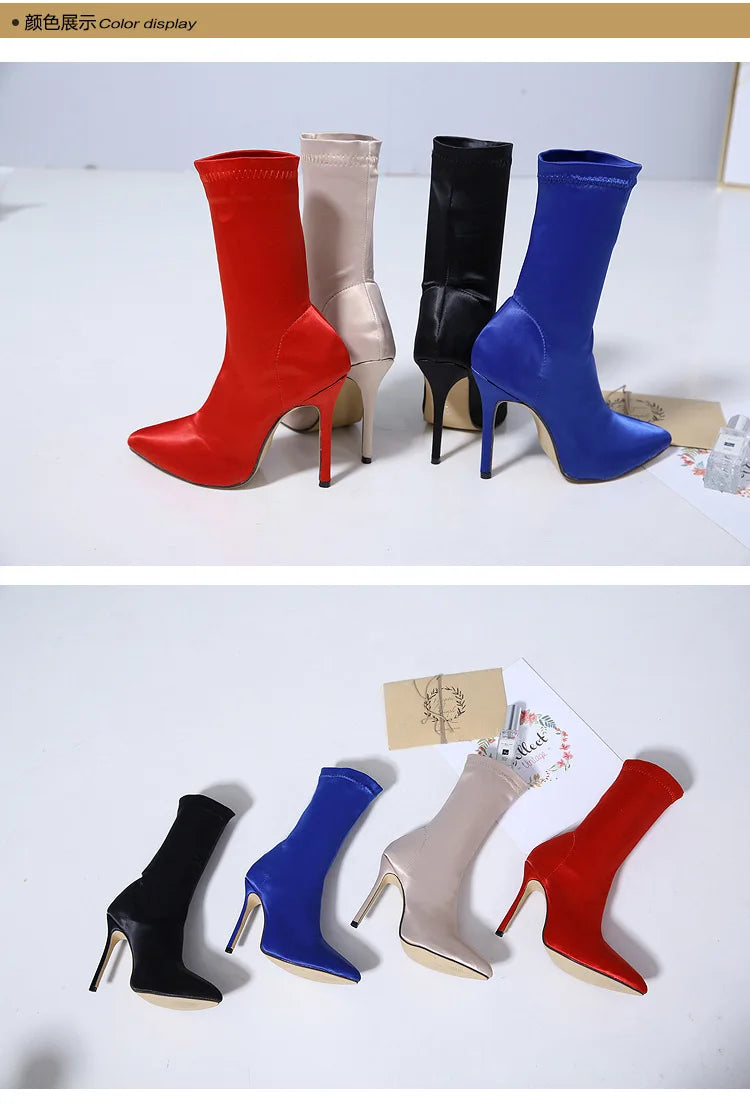 2021 Fall Woman Stretch Socks High-heeled Satin Boots Mid-tube Shoes Women Elegant Short Boots Women Shoes