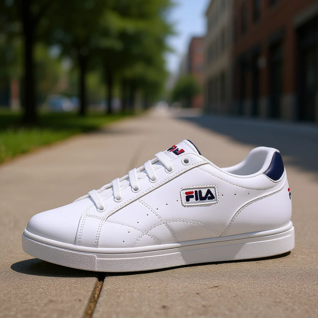 Fila Men's White Low-Top Casual Sneakers With Navy Red Accents Suede Upper Mesh Lining Breathable Lace-Up Walking Shoes All Seas