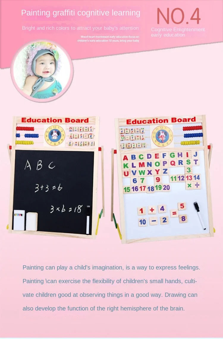 Korean Style Multifunctional Double-Sided Wooden Alphanumeric Sketchpad Early Education Puzzle Drawing Board Chalkboard for Kids