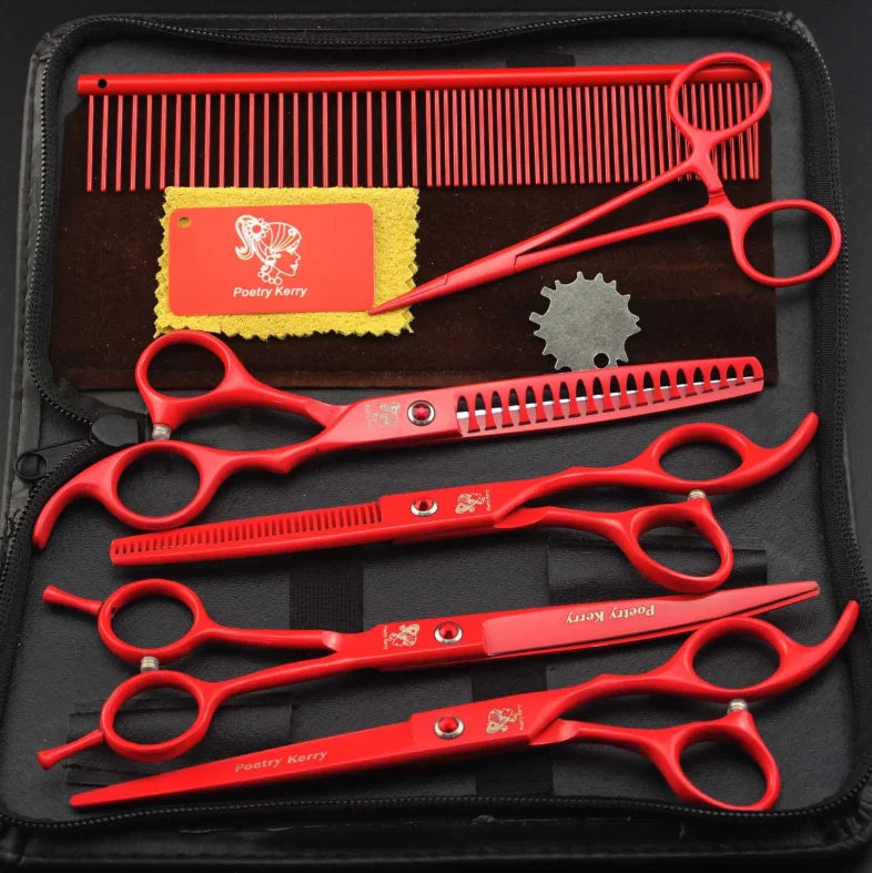 7.0 Inch  Red Veterinary Animal Shaped Scissors Pet Grooming Scissors Pet Fishbone Teeth 4 Scissors Set PTS-034