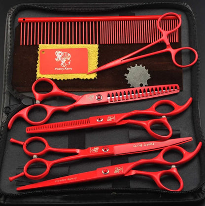 7.0 Inch  Red Veterinary Animal Shaped Scissors Pet Grooming Scissors Pet Fishbone Teeth 4 Scissors Set PTS-034
