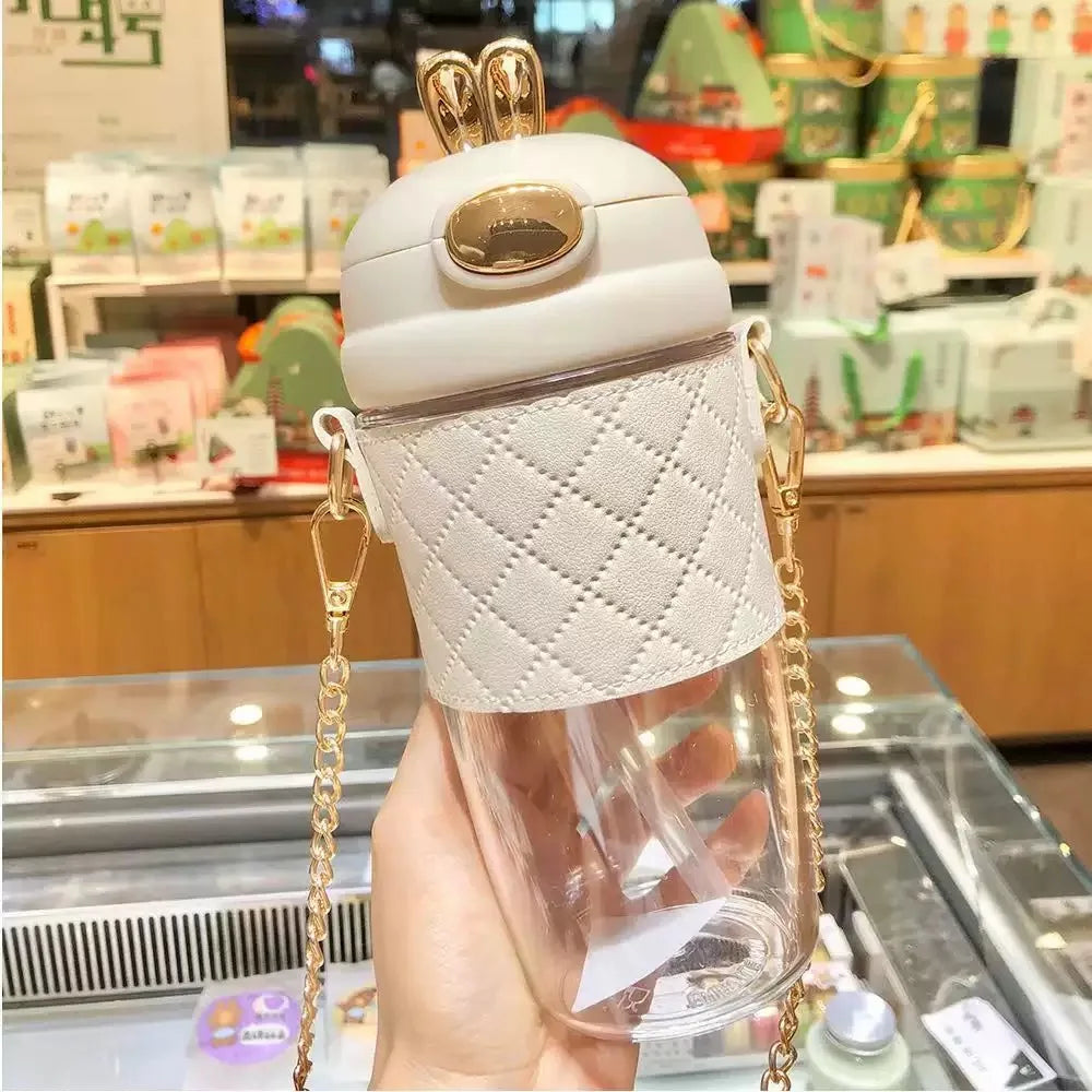 580ml Rabbit Ears Cute Plastic Water Bottle with Straw Pearls Metal Chain Strap Portable Kid Water Bottle