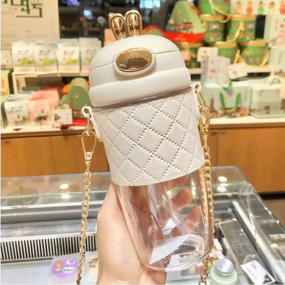 580ml Rabbit Ears Cute Plastic Water Bottle with Straw Pearls Metal Chain Strap Portable Kid Water Bottle