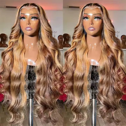 Highlight Human Hair Wigs Body Wave 4x4 HD Transparent Lace Front Wig Pre Plucked Ombre Brown Blonde Vietnamese Hair Wig