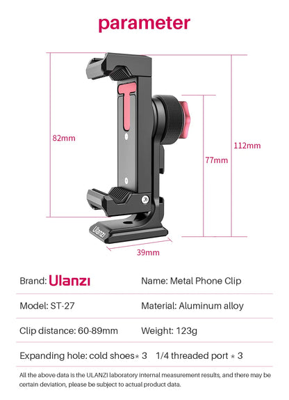 Ulanzi ST-27 Metal Phone Holder Clamp With Cold Shoe Arca 360°Rotatable tripod Mount Clip for TikTok Vlog Photography