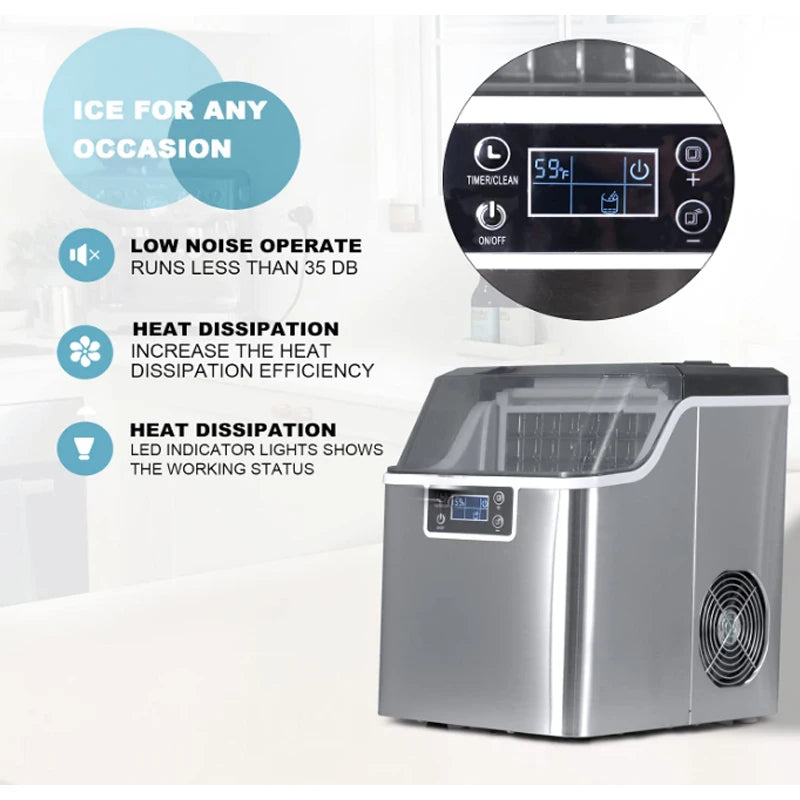Hicon Tisch-Eiswürfelmaschine, 1 Gallone (3,8 Liter), automatische Selbstreinigung, quadratische Eiswürfel, 44 Pfund (20 kg)/24 Stunden, 24 Eiswürfel in 15 Minuten, inklusive Eisschaufel