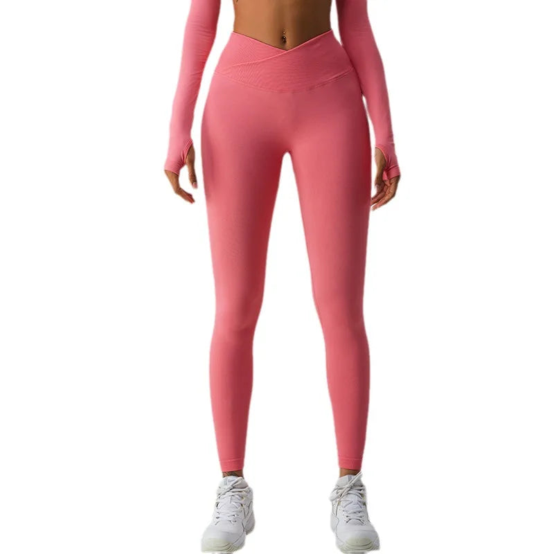 Women's High Waist Yoga Pants Cross-Over Waist Sports Leggings with Butt Lifting Effect Solid Pattern Gym Leggings for Ladies