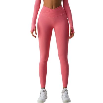 Women's High Waist Yoga Pants Cross-Over Waist Sports Leggings with Butt Lifting Effect Solid Pattern Gym Leggings for Ladies