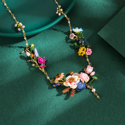 French High-End Fashion Choker Necklace Enamel Glazed Daisy Flower & Wheat Spike with Sapphire Tassel  Fine Necklaces