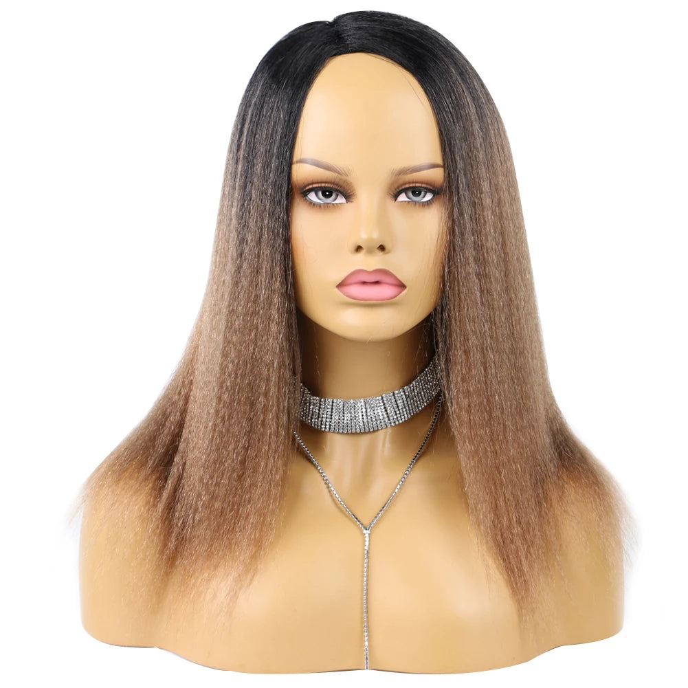 Wholesale 14 Inch Yaki Straight Afro Light Brown Lace Hair Wig Glueless Synthetic Middle Part Women  Machine-Made Long Wigs