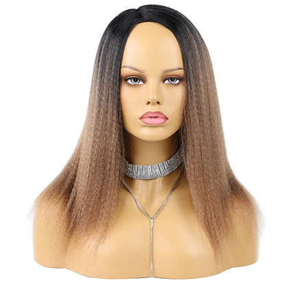 Wholesale 14 Inch Yaki Straight Afro Light Brown Lace Hair Wig Glueless Synthetic Middle Part Women  Machine-Made Long Wigs