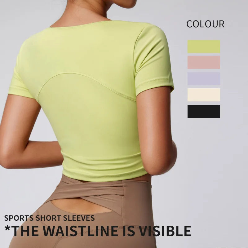 U-neck Twist Side Slim Fit Tank Top Compression Quickly Dry Short Sleeve Gym Sports Workout Top Yoga Tops