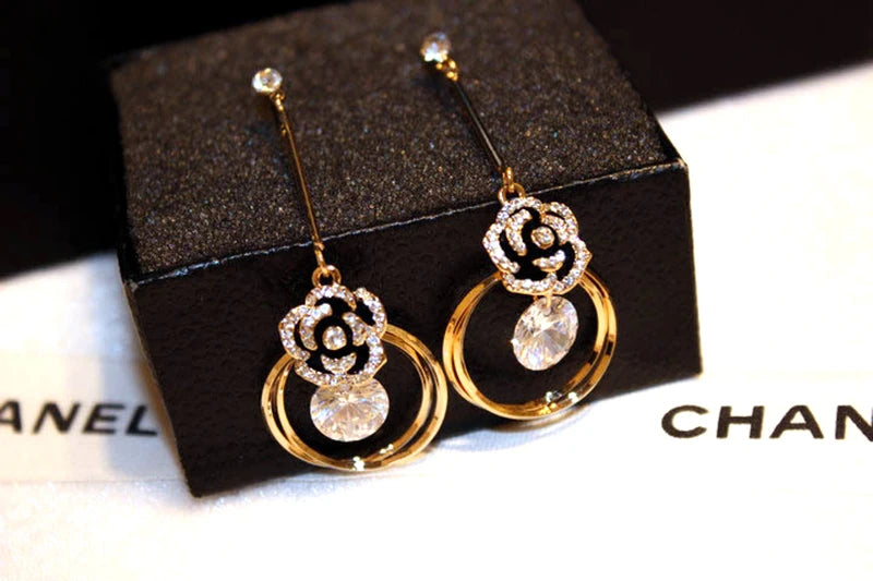 Korea Fashion Black Enamel Camellia Earrings Women Luxury brand Long Big Cubic Zirconia Drop Earrings Wedding Jewelry Z277