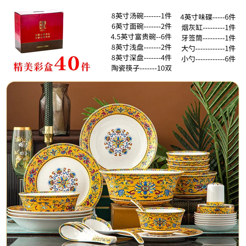 Top-quality Enamel Painting Craftsmanship 40-piece Ceramic Tableware Set an Exquisite Gift Set of Tableware Family Tableware Set