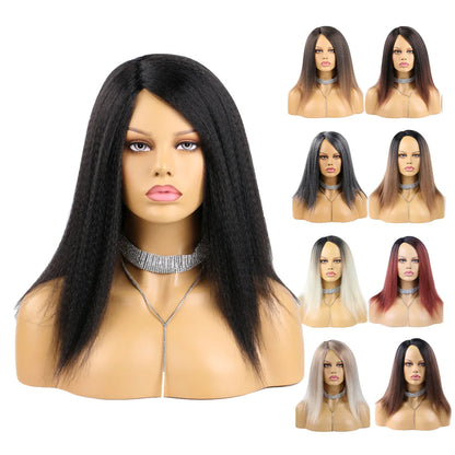 Wholesale 14 Inch Yaki Straight Afro Light Brown Lace Hair Wig Glueless Synthetic Middle Part Women  Machine-Made Long Wigs