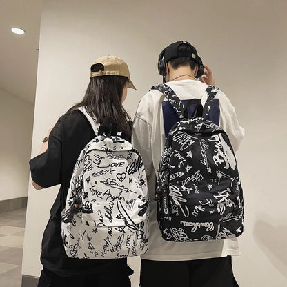 Modern Fashion Graffiti Print Nylon Backpacks Large Capacity High School Teens School Bags 17 Inch Kids Backpack