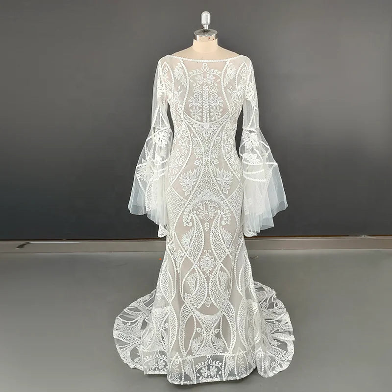 4515# Modern Sweep Train Backless Flare Sleeves Wedding Dress Elegant Illusion Appliques Mermaid Lace Bridal Gown REAL PICTURE