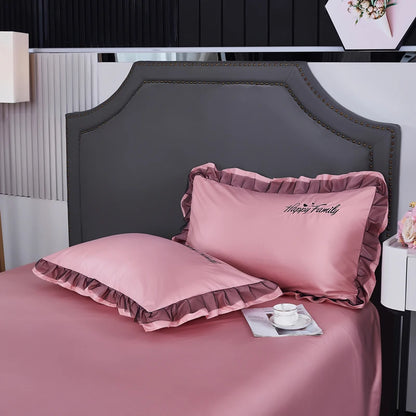 2025 Spring New Washed Silk 4PCS Bed Sheet Pink Plain Duvet Cover  with Floral Solid Cartoon Quilt Set