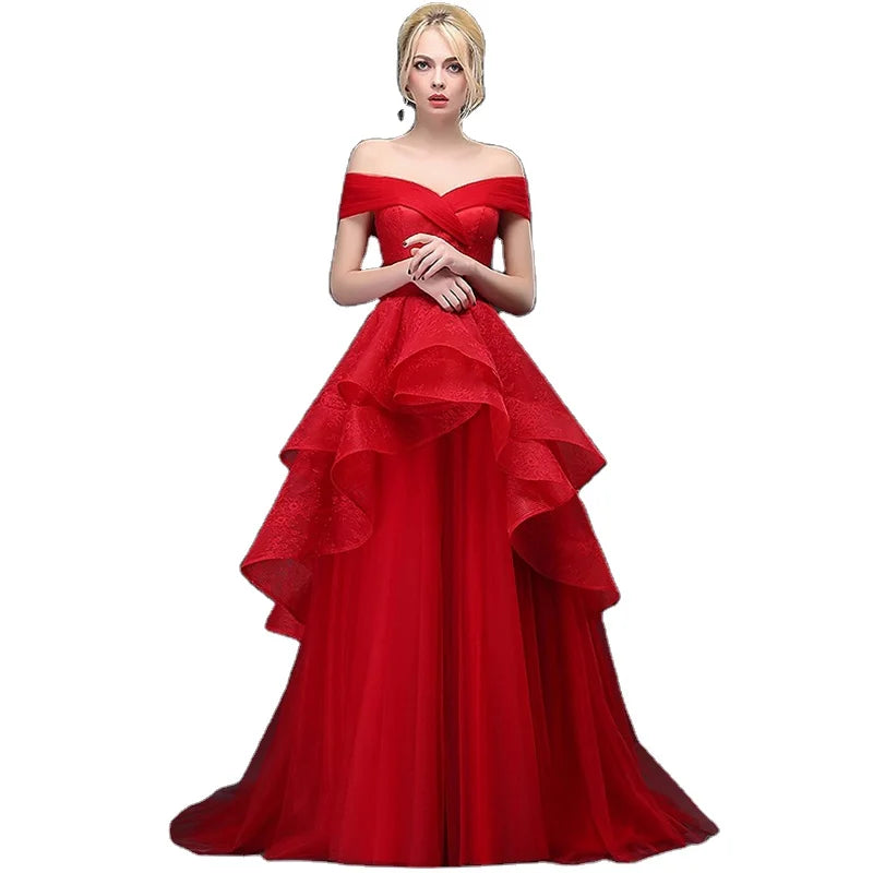 6808# Luxuriant Cap Sleeve Tiered Tulle Wedding Dresses 2022 Elegant A-Line Off Shoulder Lace-Up Bridal Party Gowns Sweep Train