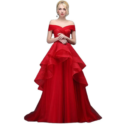 6808# Luxuriant Cap Sleeve Tiered Tulle Wedding Dresses 2022 Elegant A-Line Off Shoulder Lace-Up Bridal Party Gowns Sweep Train