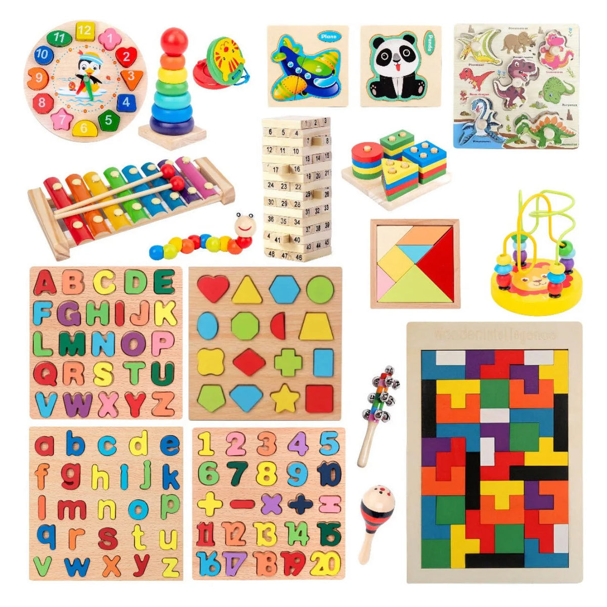 7pcs Wooden Montessori Infant and Toddler Early Education Soothing Bed Bell Toy Baby Hand-held Bell Rattle Instrument Set