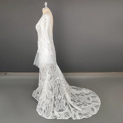 4515# Modern Sweep Train Backless Flare Sleeves Wedding Dress Elegant Illusion Appliques Mermaid Lace Bridal Gown REAL PICTURE