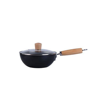 Extra Thick Nitrided Cast Iron Frying Pan Wood Grain Handle Tempered Glass Lid Non-Coated Non-Stick Surface CE Certified