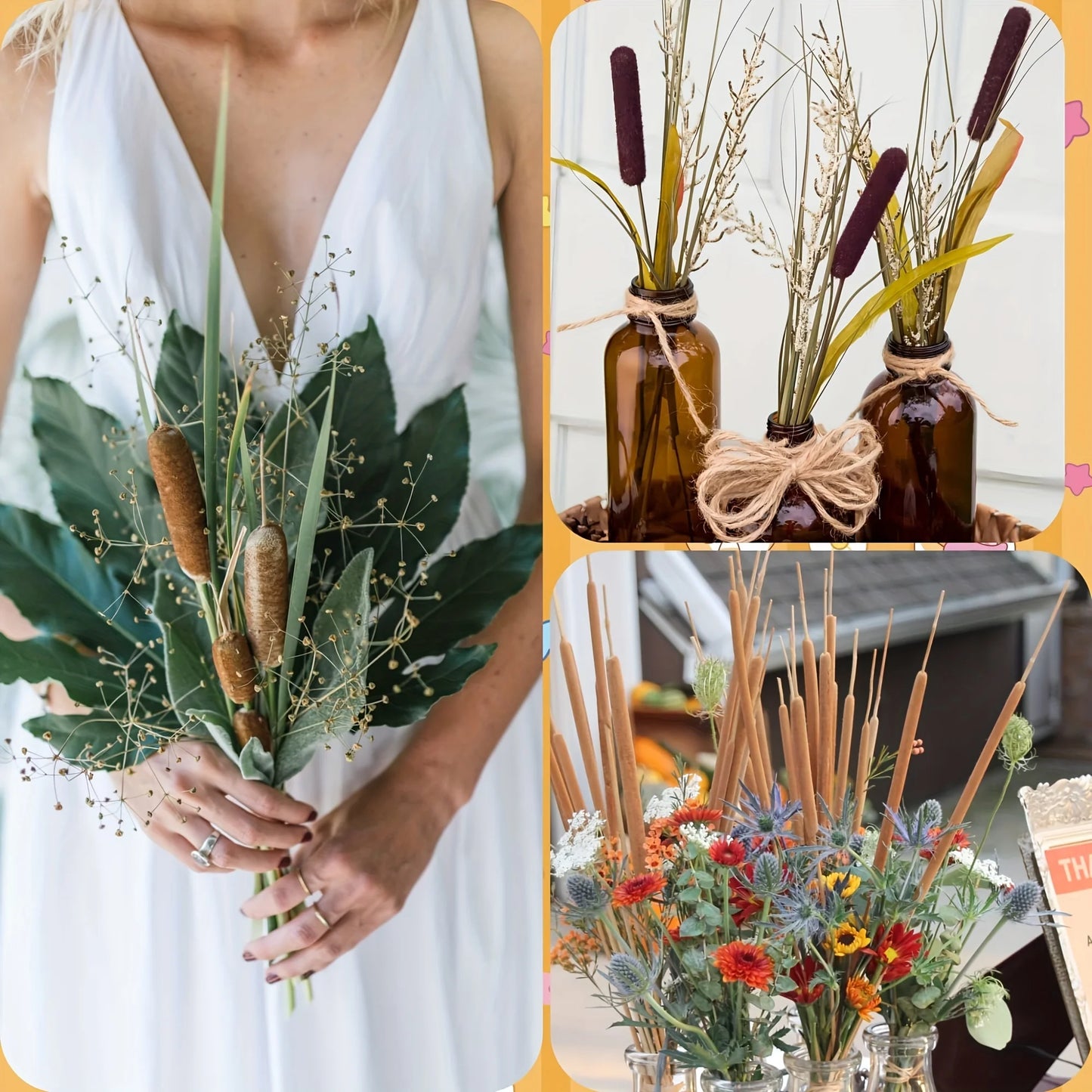 20pcs Realistic Dried Cattail Stems - Natural Brown, Long 17" Bundles for Wedding, Home, Office, Garden Decor - Rustic Floral