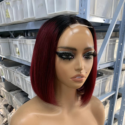 Short Medium Split Non-glue Human Hair Wig Double Straightened Bob Front Lace 6-12 Inches Black Transparent European Hair Mix