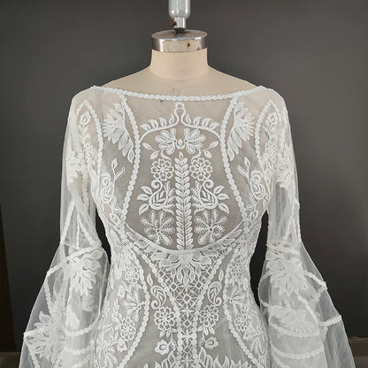 4515# Modern Sweep Train Backless Flare Sleeves Wedding Dress Elegant Illusion Appliques Mermaid Lace Bridal Gown REAL PICTURE