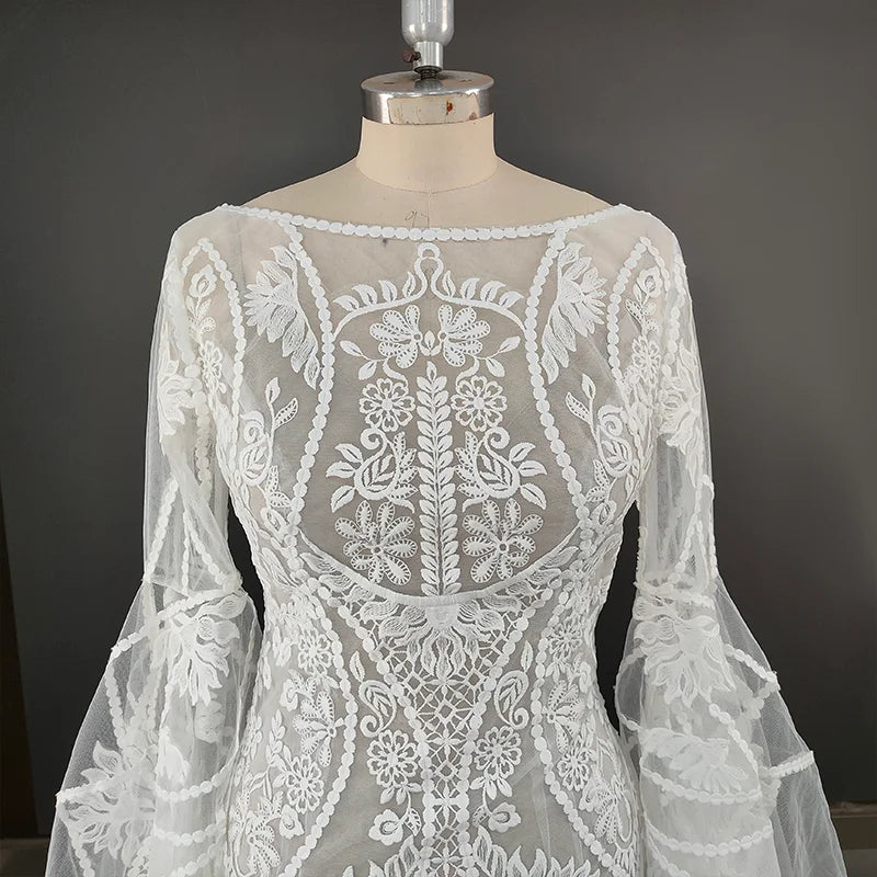 4515# Modern Sweep Train Backless Flare Sleeves Wedding Dress Elegant Illusion Appliques Mermaid Lace Bridal Gown REAL PICTURE