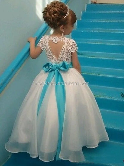 Morili Sweetheart Back Lace Princess Ball Gown Cheap Customized Short Sleeve Wedding Kids Flower Girl Dresses MFA300