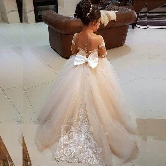 Morili Puffy Big Size Appliqued Lace Ball Gown Sheer Neck Long Sleeves Appliques Kids Wedding Flower Girl Dresses MFA295