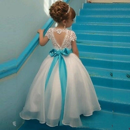 Morili Sweetheart Back Lace Princess Ball Gown Cheap Customized Short Sleeve Wedding Kids Flower Girl Dresses MFA300