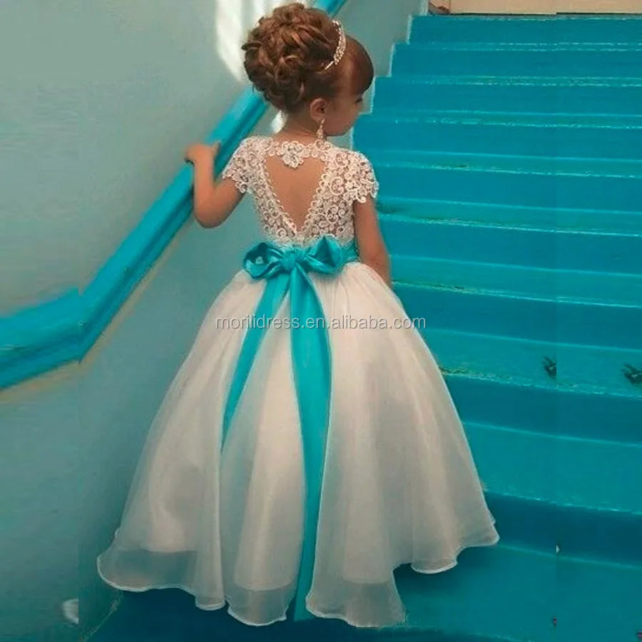 Morili Sweetheart Back Lace Princess Ball Gown Cheap Customized Short Sleeve Wedding Kids Flower Girl Dresses MFA300