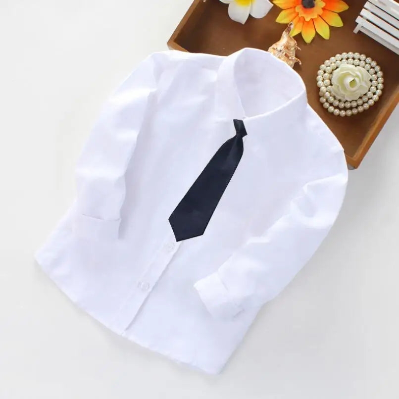 Boys White Black Long Sleeve Formal Shirt - Kids School Uniform Party Performance Blouse | Ages 1-12+
