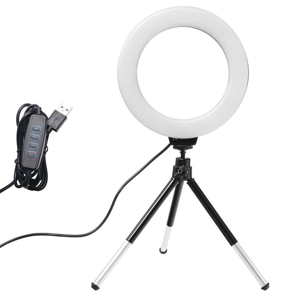 6 Inch Mini LED Selfie Ring Light Desktop Video Lamp With Tripod Stand USB Plug For YouTuber Live Vlog Makeup Studio