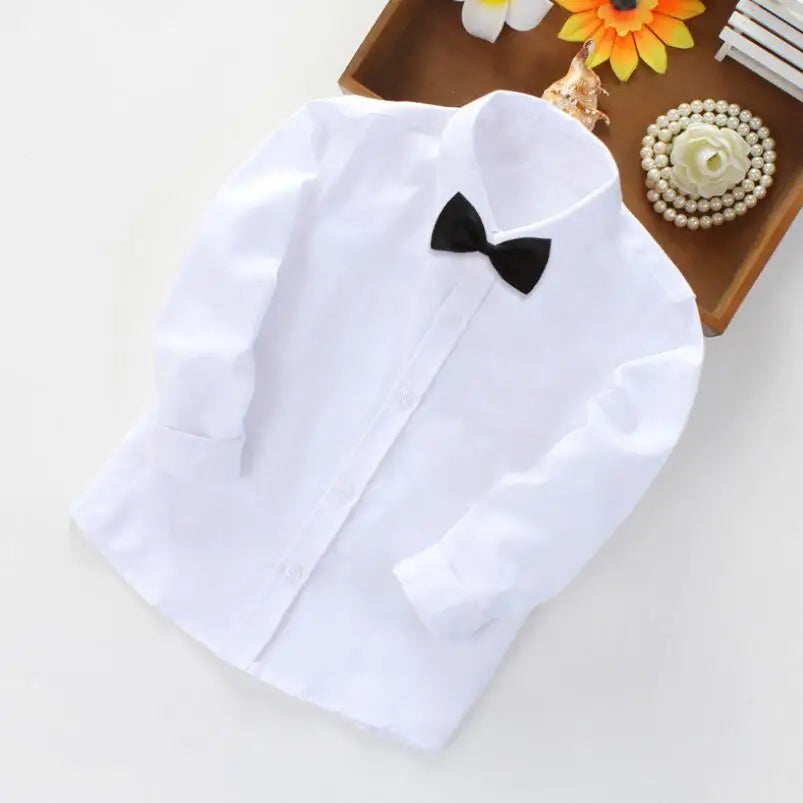 Boys White Black Long Sleeve Formal Shirt - Kids School Uniform Party Performance Blouse | Ages 1-12+