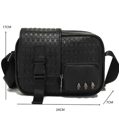 Rock Style Men's Crossbody Bags Square Satchels  Fashion Men Shoulder Messenger Bag Ghost Head Embossed Leather Crossbody Bag