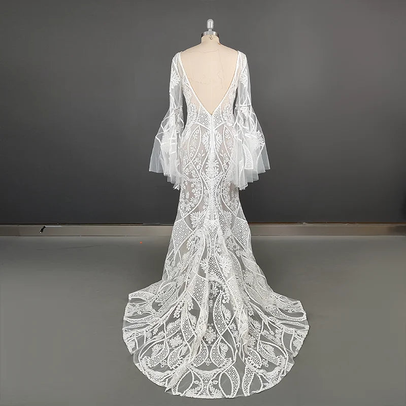 4515# Modern Sweep Train Backless Flare Sleeves Wedding Dress Elegant Illusion Appliques Mermaid Lace Bridal Gown REAL PICTURE