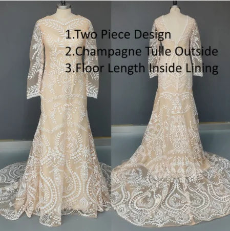 #4055 2 Piece in 1 BOHO Bohemian Long Sleeve Destination Wedding Dress Appliques Lace Wedding Shoot Post Bridal Gown REAL PHOTO