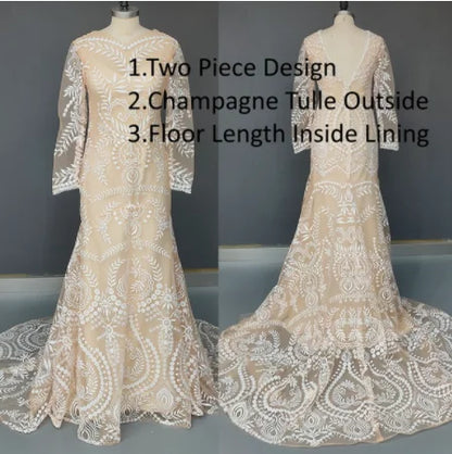 #4055 2 Piece in 1 BOHO Bohemian Long Sleeve Destination Wedding Dress Appliques Lace Wedding Shoot Post Bridal Gown REAL PHOTO