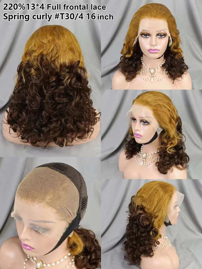 Wholesale 13*4 Full Frontal Lace Spring Curly Brazilian Wig 16 Inch 220% Density 99J Raw Human Hair Wig for Black Women