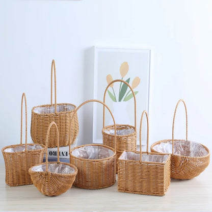 Portable Outdoor Picnic Basket Home Decorative Storage Woven Flower Pot Hand-held Rattan Wicker Accompanying Gift Floral Basket