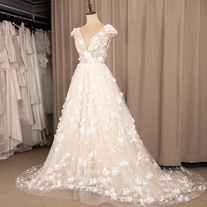 9261# Illusion Sheer Neck A-Line Wedding Dresses for Women Fashion 3D Lace Appliques Sleeveless Bridal Gowns