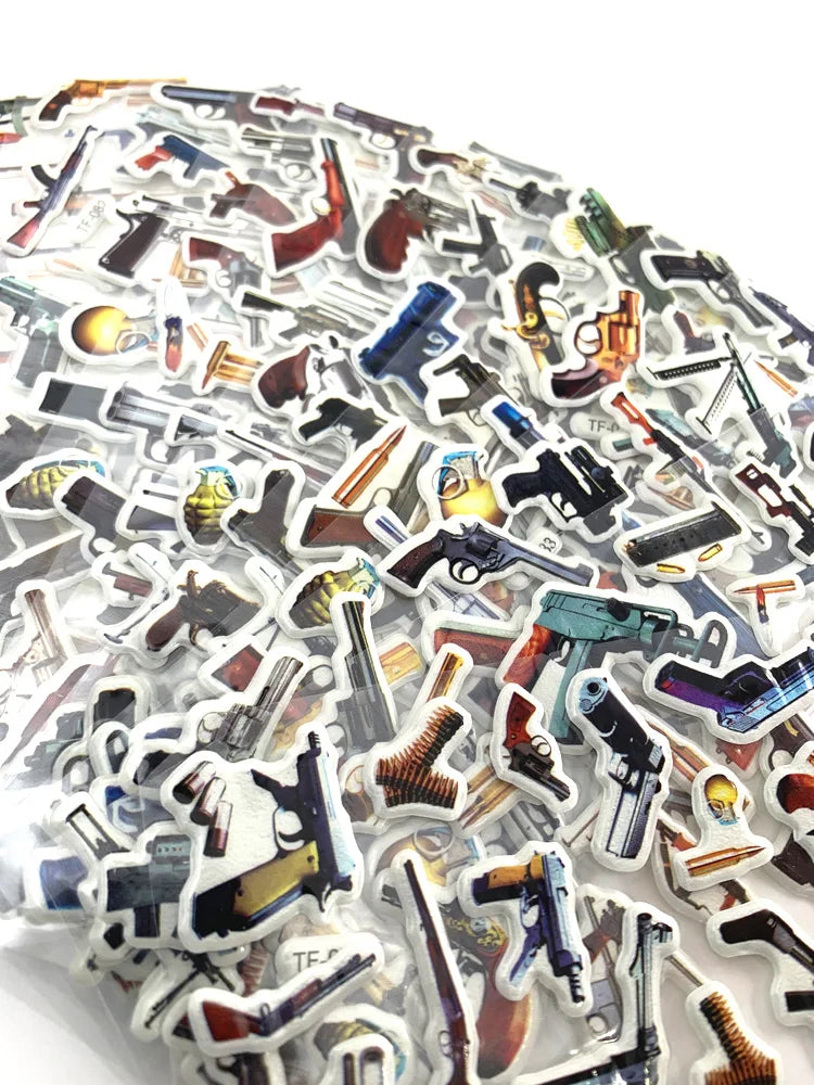 12Sheets/Set Military Fans Weapon Gun Pistol Stickers for Kids Boys PVC Bubble Scrapbook DIY Toys