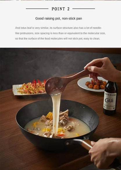 Extra Thick Nitrided Cast Iron Frying Pan Wood Grain Handle Tempered Glass Lid Non-Coated Non-Stick Surface CE Certified