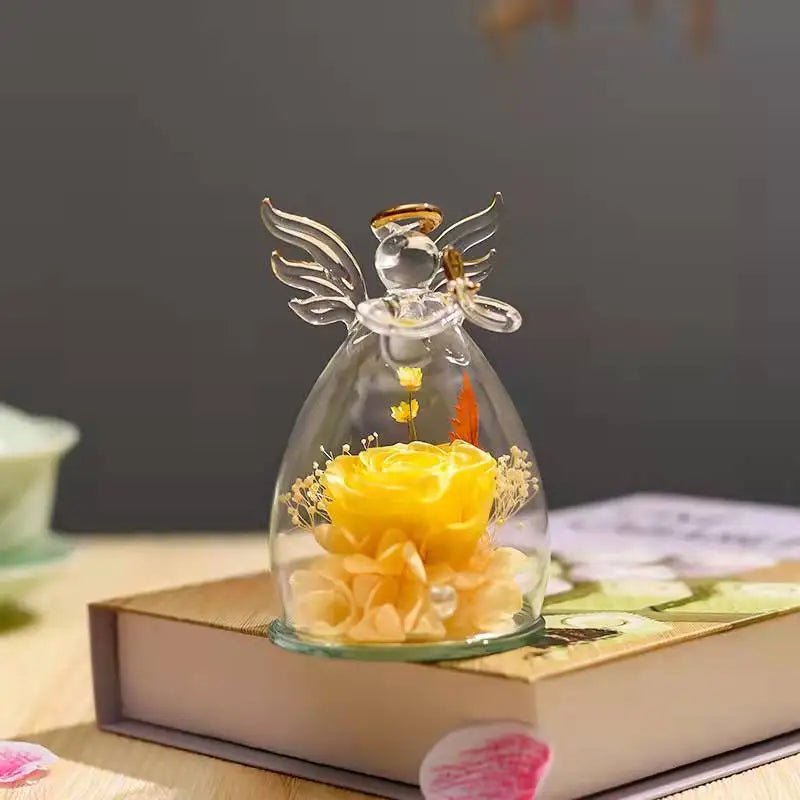 Wholesale Customized Angel Figurines Glass Dome Real Preserved Rose Flower for Valentine's Day Eternal Forever Roses Flowers