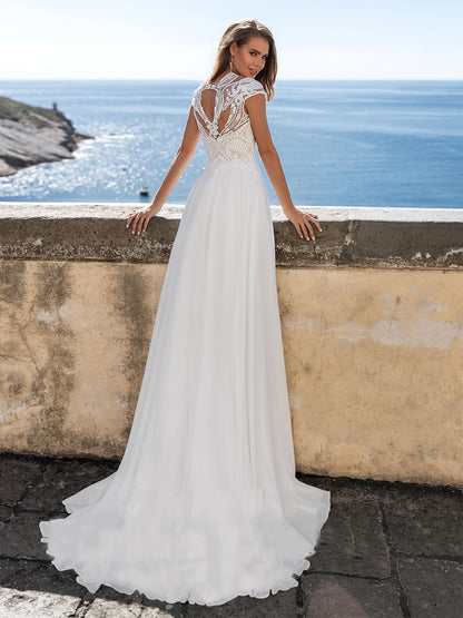 13475#Elegant Scoop Neck Beach Bohemian Vestido De Novia Cap Sleeves Outdoor A-Line Chiffon Boho Lace Wedding Dress Bride Gown