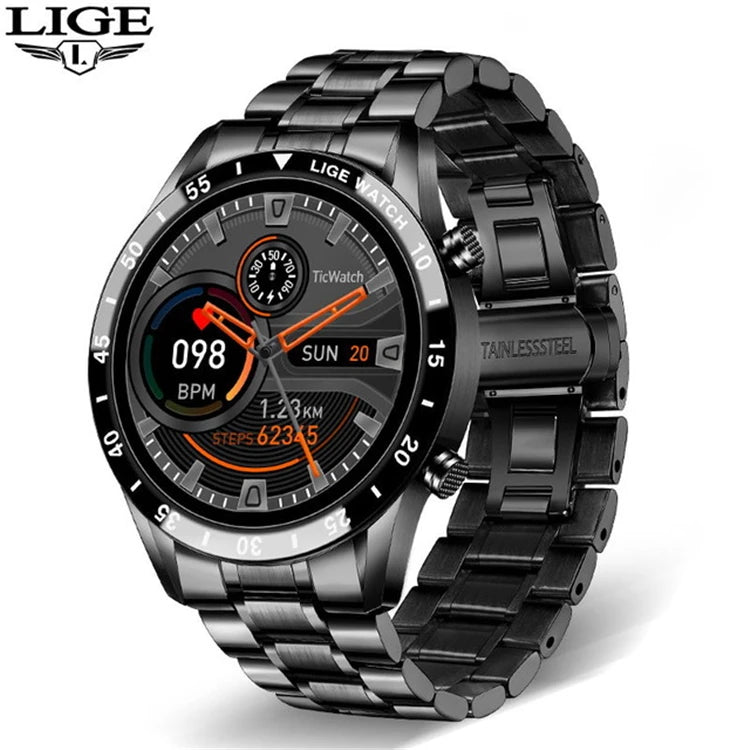 LIGE 2020 Men's Bw0189 Full Touch Screen Smartwatch IP67 Waterproof Sports Fitness Watch Stainless Steel Compatible Android iOS